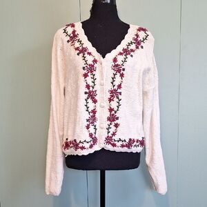 Vintage Kimberly Hope Cream Floral Embroidered Cardigan Sweater Size Large